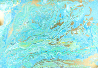 Blue pastel marble pattern with golden glitter. Abstract liquid background.