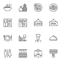 Restaurant line icons set. linear style symbols collection, outline signs pack. vector graphics. Set includes icons as food and drinks menu, restaurant tray, bar counter, reserved, open, closed, table