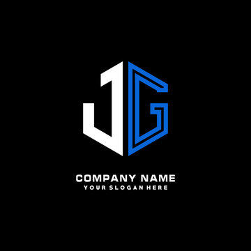 Initial letter JG minimalist line art hexagon shape logo. color  blue,white,black background