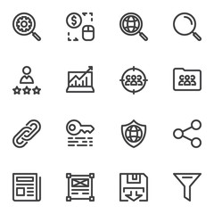 Search engine optimization line icons set. linear style symbols collection, outline signs pack. vector graphics. Set includes icons as setting gear, global search, seo, link, rating stars, management