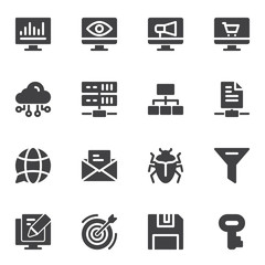 SEO vector icons set, modern solid symbol collection, filled style pictogram pack. Signs, logo illustration. Set includes icons as computer monitor, network, cloud computing, virus bug, key, target