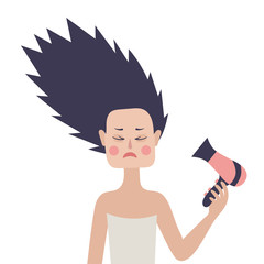 Girl with hair dryer. Vector on white background