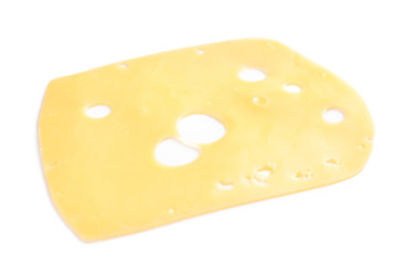 Slice of tasty maasdam cheese on white background