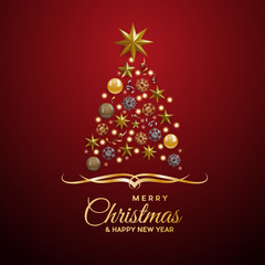 Vector Abstract cover Golden Christmas Tree, with text on red background