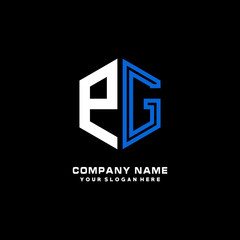 Initial letter PG minimalist line art hexagon shape logo. color  blue,white,black background