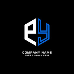 Initial letter PY minimalist line art hexagon shape logo. color  blue,white,black background