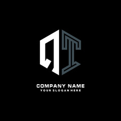 Initial letter QT minimalist line art hexagon shape logo. color  blue,white,black background