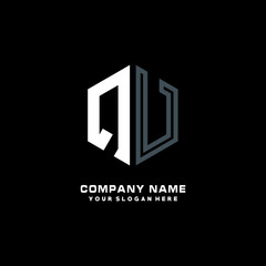 Initial letter QV minimalist line art hexagon shape logo. color  blue,white,black background