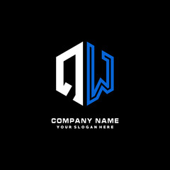 Initial letter QW minimalist line art hexagon shape logo. color  blue,white,black background
