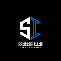 Initial letter SI minimalist line art hexagon shape logo. color  blue,white,black background