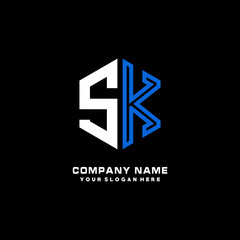 Initial letter SK minimalist line art hexagon shape logo. color  blue,white,black background