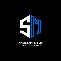 Obraz premium Initial letter SM minimalist line art hexagon shape logo. color blue,white,black background
