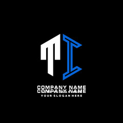 Initial letter TI minimalist line art hexagon shape logo. color  blue,white,black background
