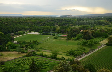 Panoramic view on Grignan labyrinth and Provence landscape in sunset light from Grignan castle, France
