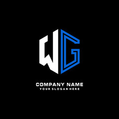 Initial letter WG minimalist line art hexagon shape logo. color  blue,white,black background