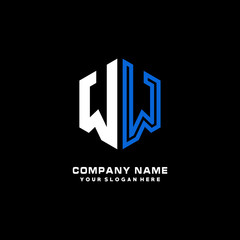 Initial letter WW minimalist line art hexagon shape logo. color  blue,white,black background