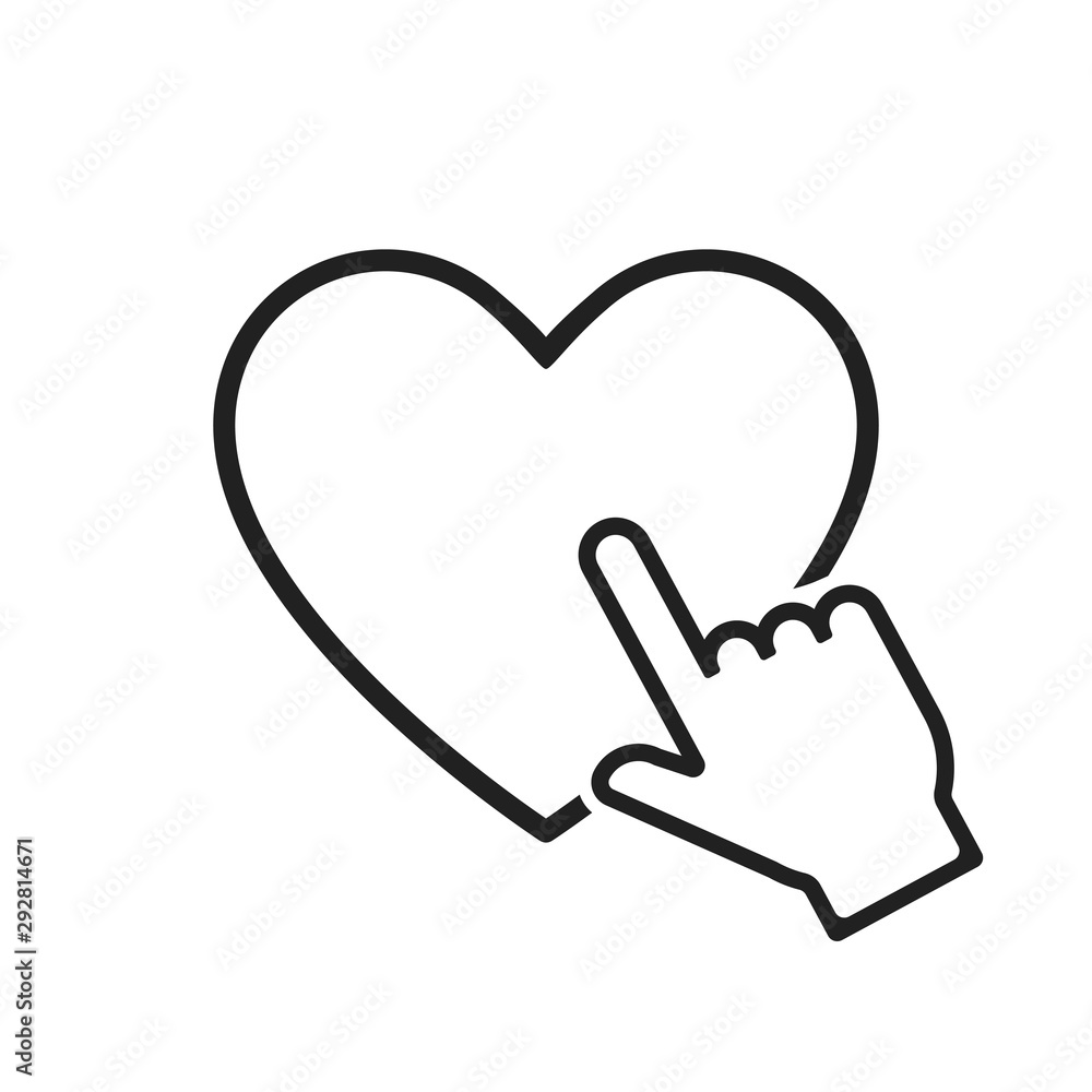 Poster hand pointer on heart icon in linear style. hand clicking linear icon. white hand cursor pointer ico