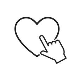 Hand pointer on heart icon in linear style. Hand clicking linear icon. White hand cursor pointer icon. Click here vector web button.
