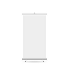 Roll up 3d ad banner on white background. Blank roll up banner stand. Mock up, template. Empty advertising poster. Presentation template design. Product advertising.
