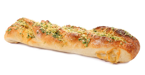 Tasty homemade garlic bread with cheese and herbs on white background
