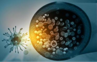 Virus infecting the blood cells in veinblood stream. 3d illustration .