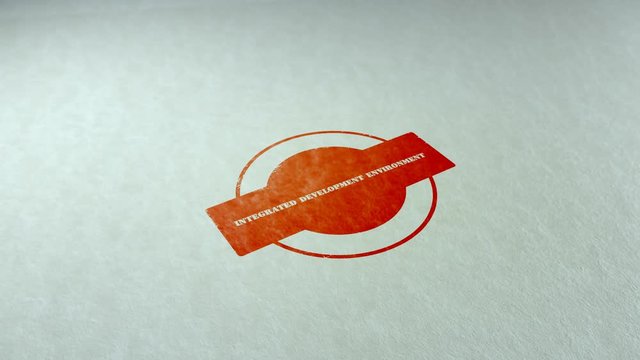 Integrated development environment word stamping text wooden retro stamp animation. red ink on clean white paper