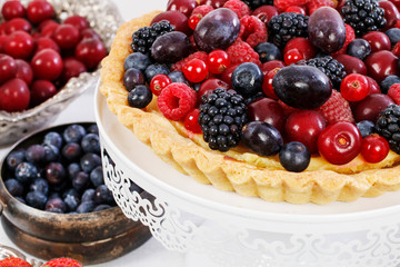 Sweet tart with raspberries, blueberries, blackberries, cherries and red currants.