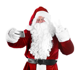 Authentic Santa Claus taking selfie on white background