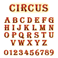 Set of striped dark red letters and numbers. Vector illustration.