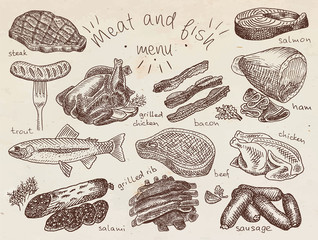 Meat, fish, menu, steak, trout, salami, ribs, grilled ribs, grilled chicken,   sausage, chicken, beef, bacon, ham, salmon, salmon steak, herbs - 292820629