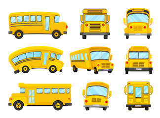 The Set Of Vector Illustrations Of Nine Bright Yellow School Buses