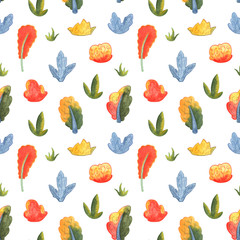 Autumn garden nature seamless pattern on white background. Orange and red tree and shrub.