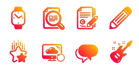 Pencil, Check article and Talk bubble line icons set. Copywriting, Recovery cloud and Ranking stars signs. Smartwatch, Electric guitar symbols. Edit data, Magnifying glass. Education set. Vector