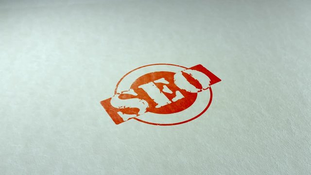 Seo word stamping text wooden retro stamp animation. red ink on clean white paper