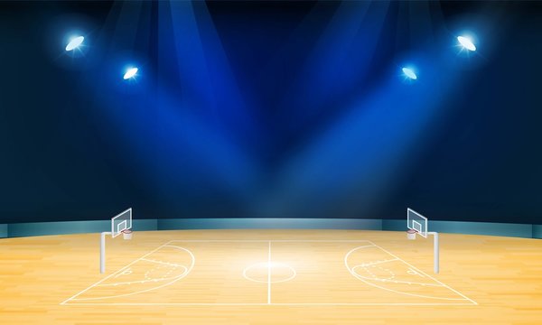 Basketball arena field with bright stadium lights design. Vector illumination