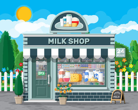 Dairy store or milk shop with signboard, awning. Store facade with storefront. Farmer shop, showcase counter. Milk cheese yogurt butter sour cream. Nature outdoor panorama. Flat vector illustration
