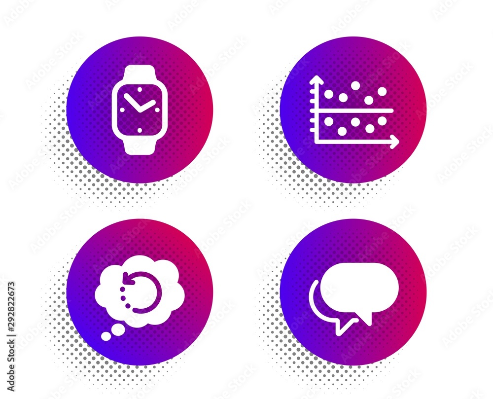 Aufkleber recovery data, dot plot and smartwatch icons simple set. halftone dots button. talk bubble sign. bac