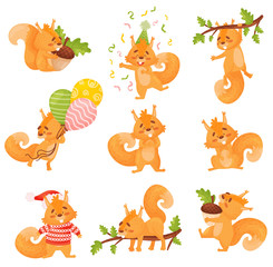 Obraz premium Set Of Cute Red Squirrel In Different Actions. Isolated cartoon Vector Illustrations On White Background.