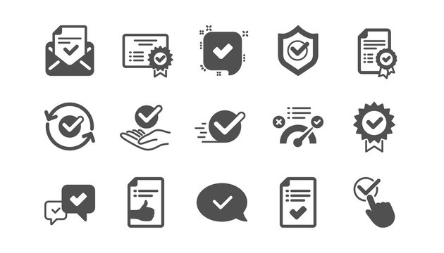 Approve icons. Checklist, Certificate and Award medal. Thumbs up certified document classic icon set. Quality set. Vector