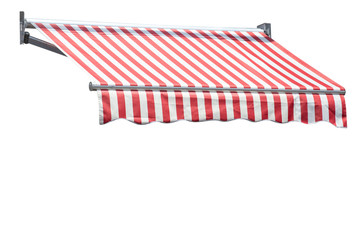 red and white striped awning isolate on white   background. - obrazy, fototapety, plakaty