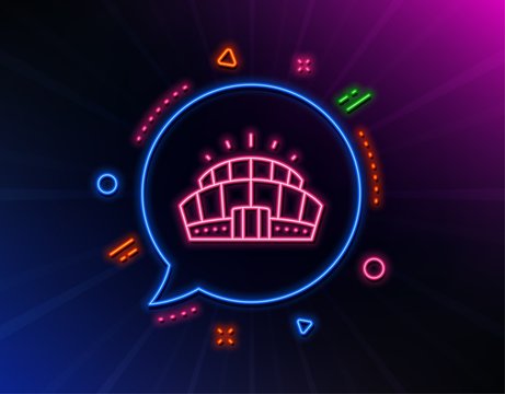 Arena stadium line icon. Neon laser lights. Competition building sign. Sport complex symbol. Glow laser speech bubble. Neon lights chat bubble. Banner badge with arena stadium icon. Vector