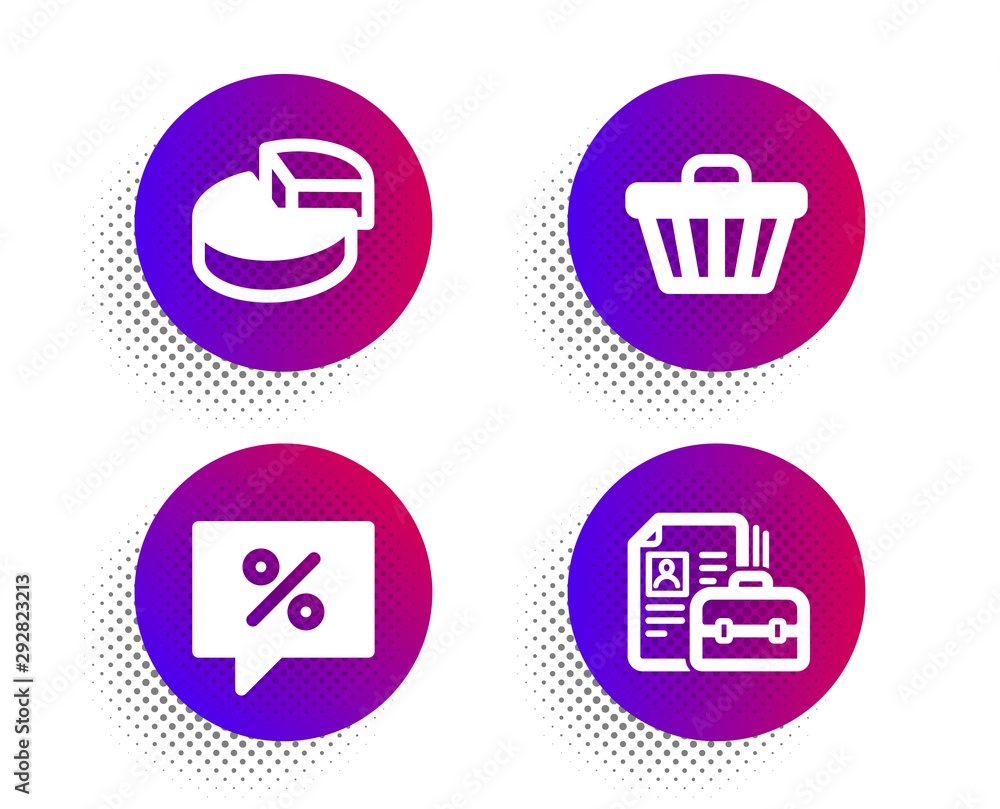 Poster discount message, pie chart and shop cart icons simple set. halftone dots button. vacancy sign. spec