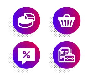 Discount message, Pie chart and Shop cart icons simple set. Halftone dots button. Vacancy sign. Special offer, 3d graph, Web buying. Hiring job. Finance set. Classic flat discount message icon. Vector