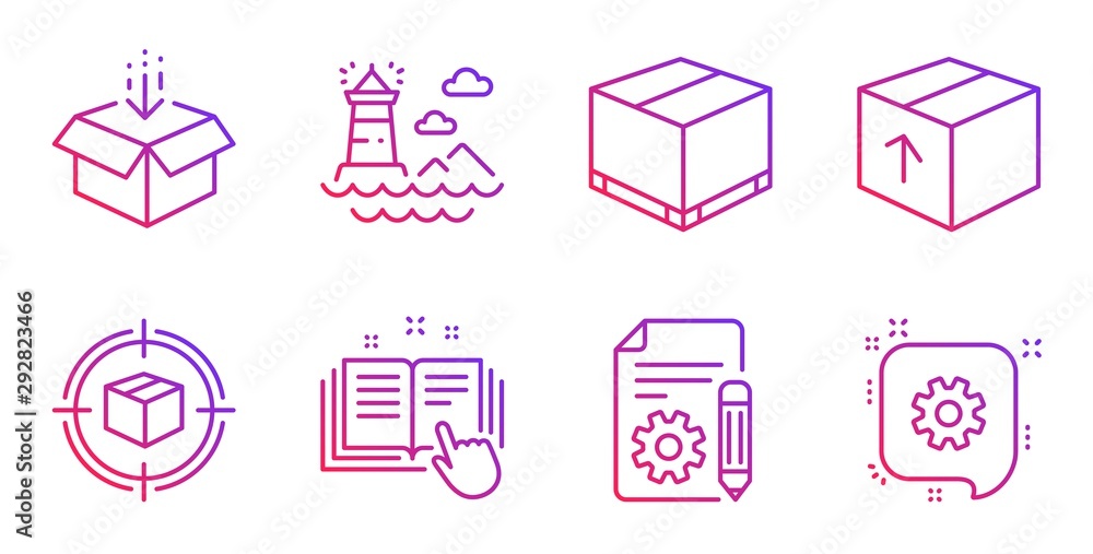 Poster technical documentation, lighthouse and delivery box line icons set. parcel tracking, documentation 