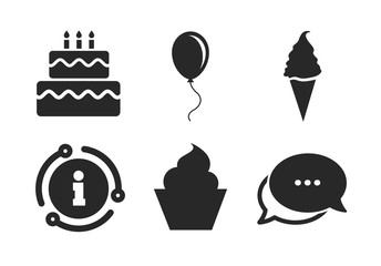 Cake with ice cream signs. Chat, info sign. Birthday party icons. Air balloon with rope symbol. Classic style speech bubble icon. Vector