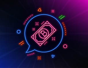 Bitcoin line icon. Neon laser lights. Cryptocurrency cash sign. Crypto money symbol. Glow laser speech bubble. Neon lights chat bubble. Banner badge with bitcoin icon. Vector