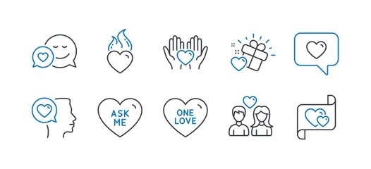Set of Love icons, such as Ask me, Hold heart, Romantic talk, Love message, Couple love, Dating, Heart flame line icons. Friendship, Dating service. Line ask me icon. Vector
