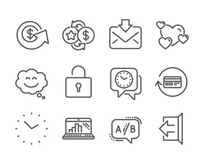 Set of Technology icons, such as Loyalty points, Sign out, Dollar exchange, Smile chat, Graph laptop, Lock, Clock, Heart, Incoming mail, Time, Ab testing, Refund commission line icons. Vector