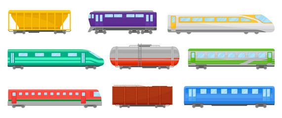 Set Of Trains And Tanks Of Different Colors And Usage Vector Illustrations