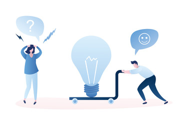 New business idea concept. Brainstorming with funny business people characters and big idea bulb